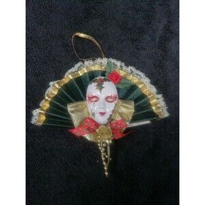 Porcelain Mardi Gras Face Mask Fan Wall Decor Ornament Red Green Christmas